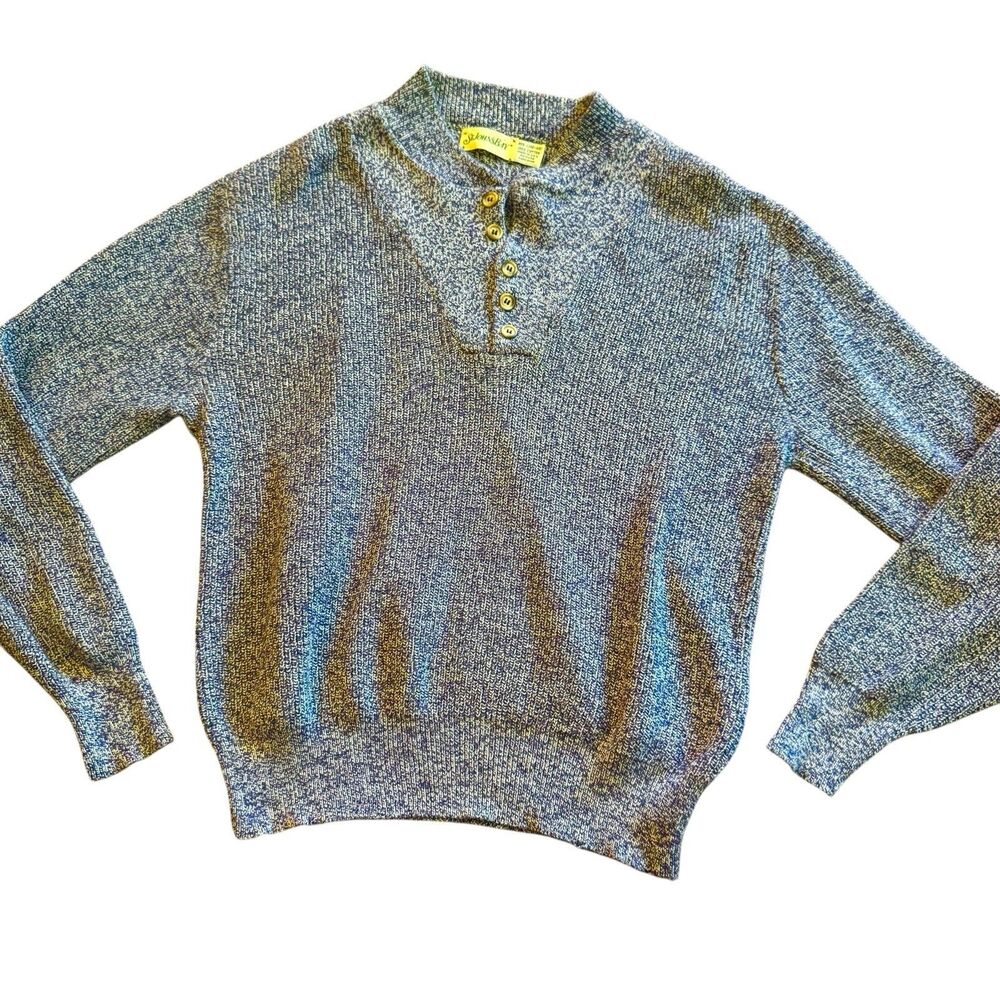 Vintage ST JOHNS BAY USA MADE MENS 1/4 BUTTON KNIT HENLEY SWEATER Gray L